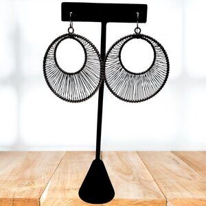 Large Black Wire Hoop Statement Earrings Modernist Spiral Circle Dangle